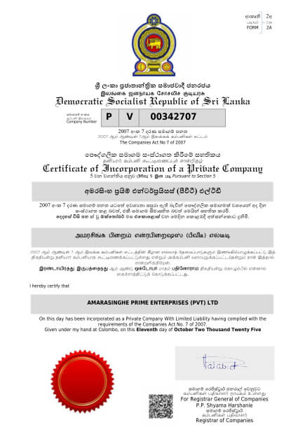 Amarasinghe Prime Enterprises Business Registration Certificate